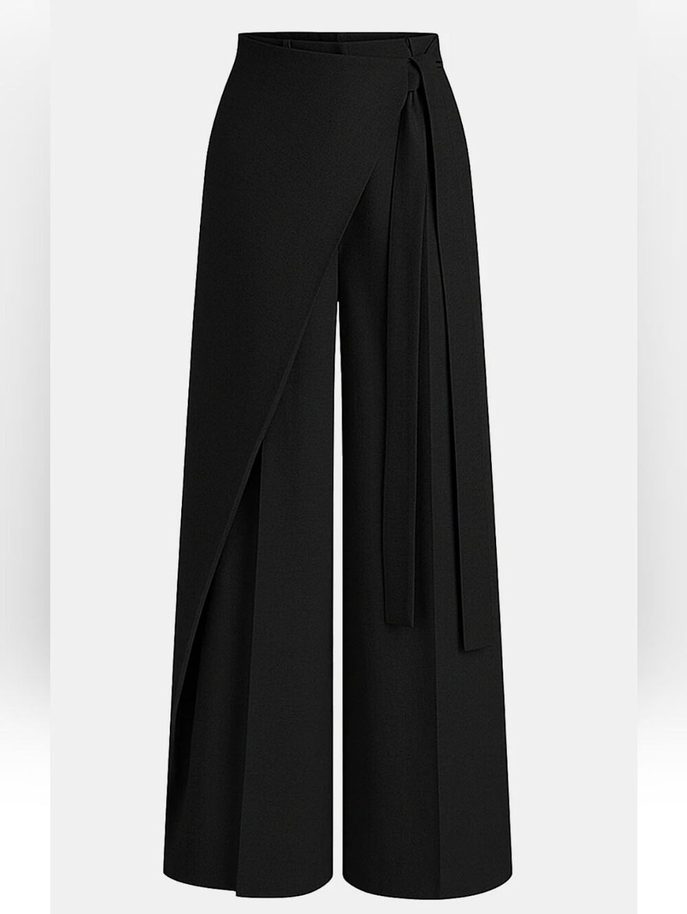 Asymmetric Wrap Wide-Leg Pants- Black